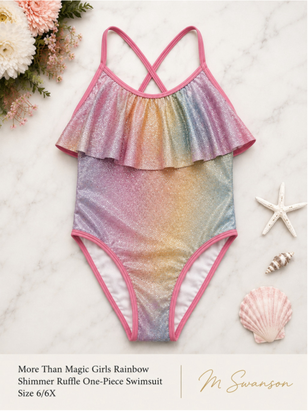 More Than Magic Girls Rainbow Shimmer Ruffle One-Piece Swimsuit Size 6/6X